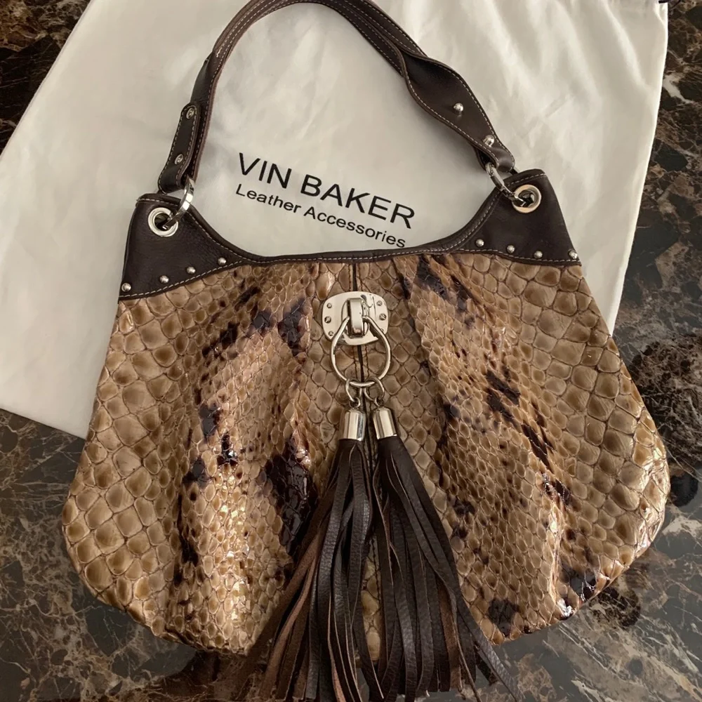 Vin Baker Faux Python Hobo Bag Brown Snake Embossed Tassel Shoulder Bag